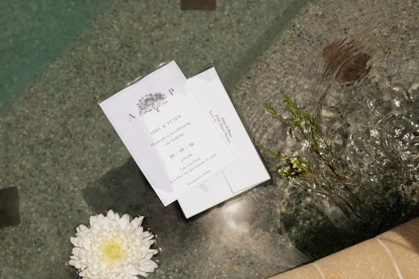 Wedding invitations in a clear sleeve with layered cards, envelopes, and a flower with greenery sprig floating over rippling water near a stone edge