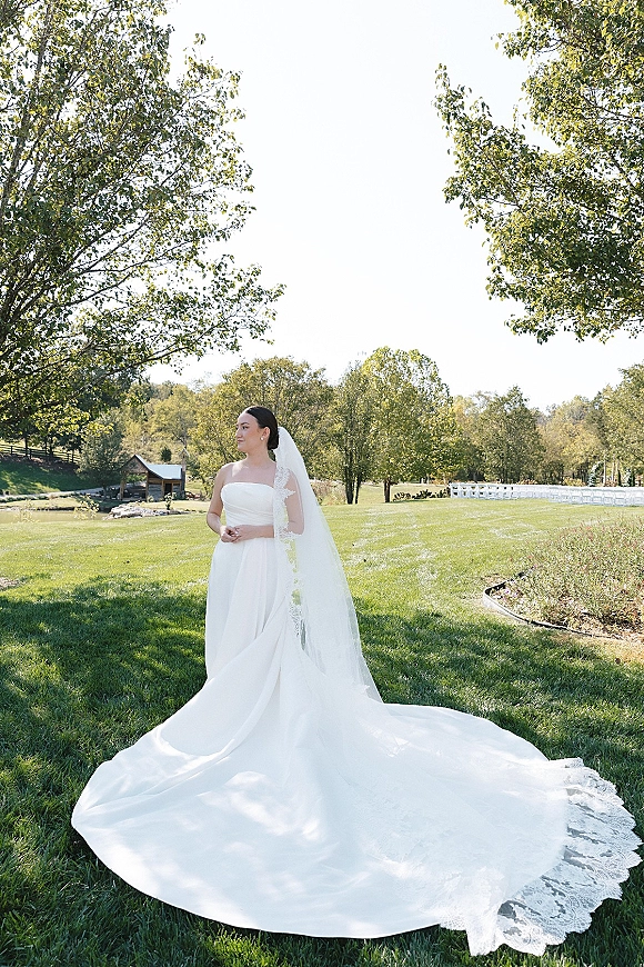 Bridal portrait of a bride in a strapless wedding dress with a lace veil and long train on a grassy lawn by a rustic cabin and trees