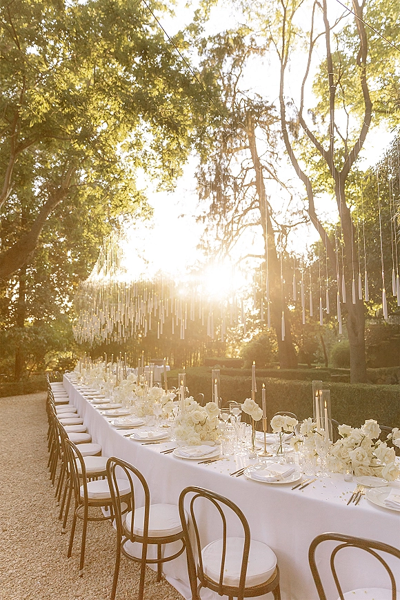 Reception tablescape with a long banquet table, white rose runner and taper candles in glass hurricanes, set outdoors under hanging candles