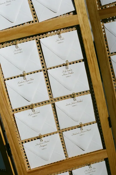 Escort card display serving as a wedding seating chart, with cards clipped by gold binder clips on cane webbing in a wooden frame.