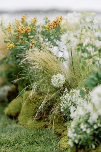 Ceremony aisle flowers styled as meadow aisle decor, with airy white allium clustering along a grass lawn path beside water.