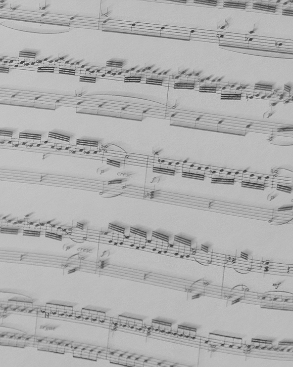 Wedding sheet music with printed music notes and staff lines on crisp white paper, ideal for wedding ceremony music details in a program