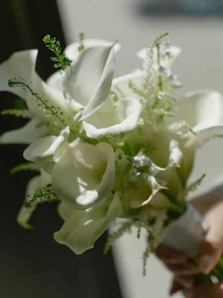 Calla lily bouquet of white blooms and greenery, wrapped stems held in hand with soft window light in a blurred indoor setting