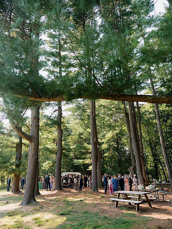 Wedding cocktail hour with outdoor cocktail hour tables, picnic seating, and white floral centerpieces in a pine forest clearing with dappled light