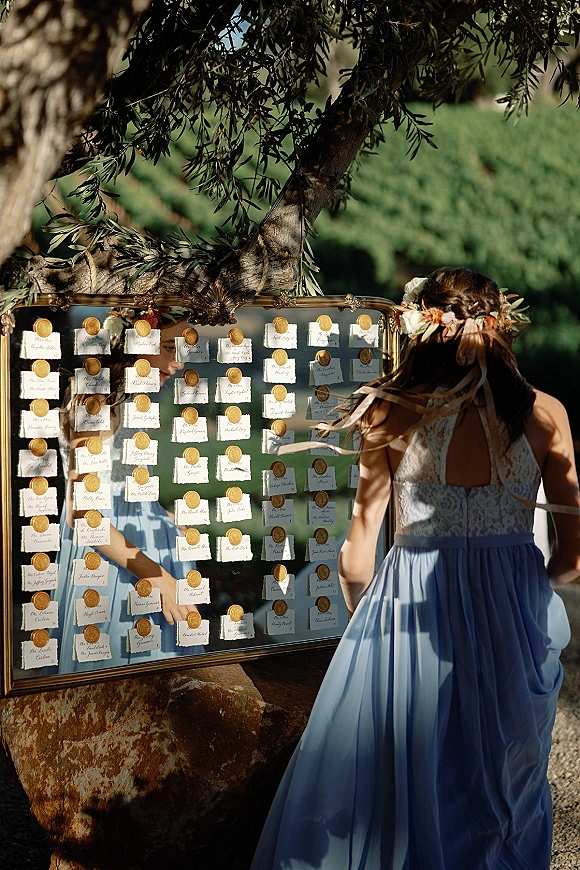Wedding seating chart on a gold framed mirror with calligraphy escort cards, wax seals, and ribbon ties beneath olive branches outdoors
