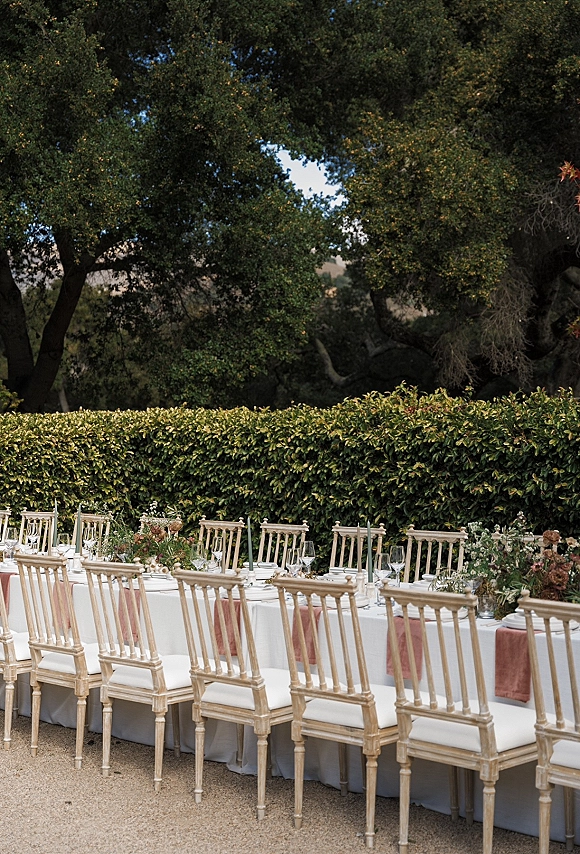 Reception tablescape with a long banquet table, white linens and blush velvet napkins, glass chargers and greenery garland in a garden setting