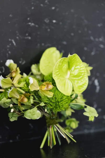 Bridal bouquet with green wedding bouquet blooms and anthurium, orchids, hydrangea and moss arranged on a black marble surface