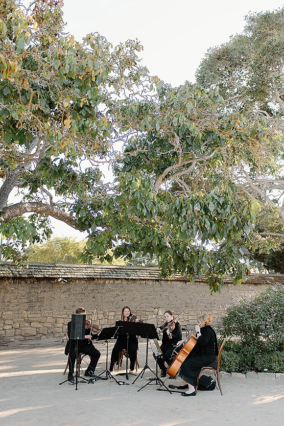 Wedding string quartet seated with music stands and sheet music, performing in an outdoor courtyard with stone wall and trees behind