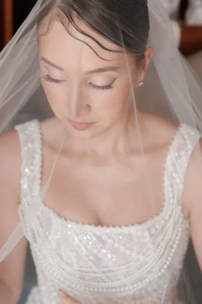 Bridal portrait of a bride wearing veil, showing beaded dress bodice and pearl earrings in a softly blurred indoor room backdrop