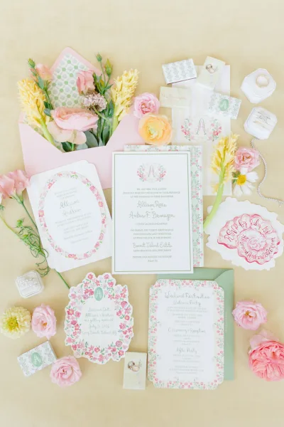 Wedding invitation suite with floral wedding invitations arranged in a balanced flat lay, accented by a ring box for a romantic stationery look.
