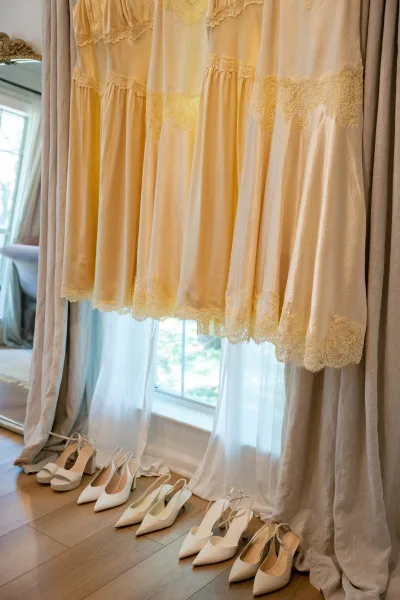Bridesmaid dresses hanging by a window, bridesmaid dress lineup with lace trim and white heels on a hardwood bedroom floor