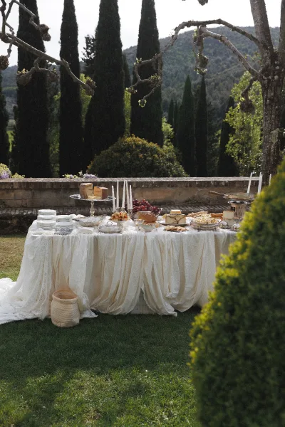 Wedding cheese table with cheese wheels, bread, crackers and grapes on silver platters, draped in white linen with taper candles outdoors