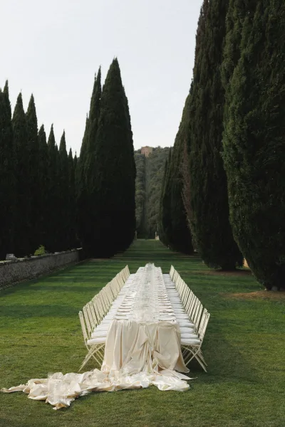 Outdoor reception table with long banquet table setup, white linens and draped runner, glassware and place settings on a cypress-lined lawn