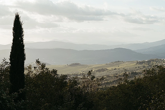 Countryside landscape with rolling hills, farmland fields, and a tall cypress tree accent, with distant mountains beneath a cloudy sky