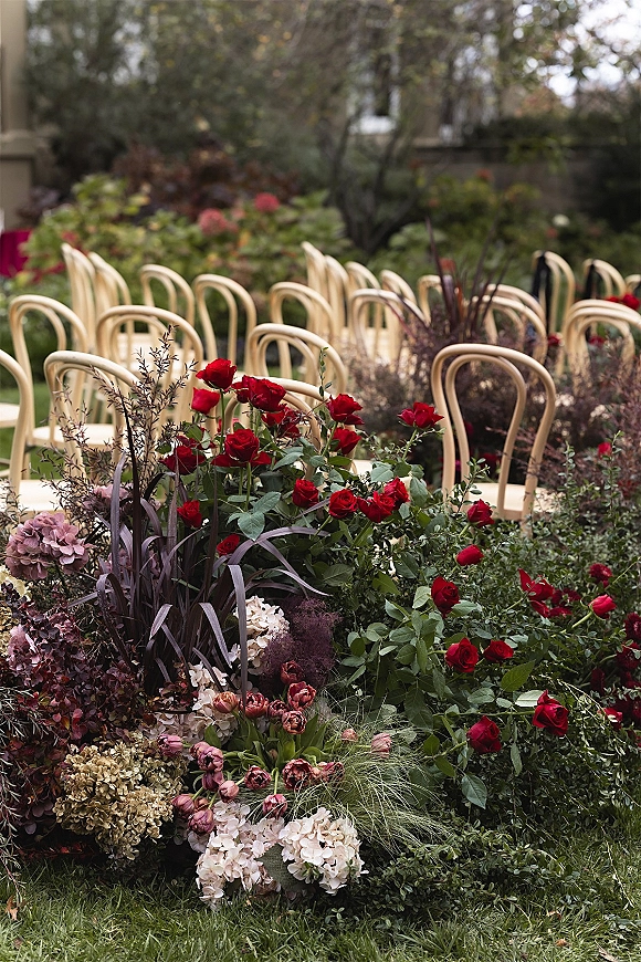Ceremony aisle decor with red roses lining a garden walkway, lush ground florals and bentwood chairs creating an outdoor ceremony aisle border