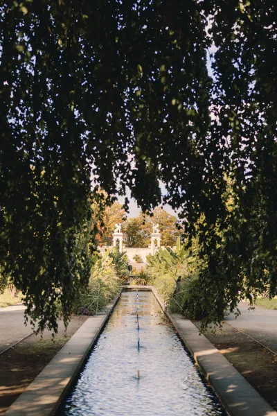 Garden fountain with formal garden water feature and long reflecting pool, framed by stone edging, path, and lush trees under open sky