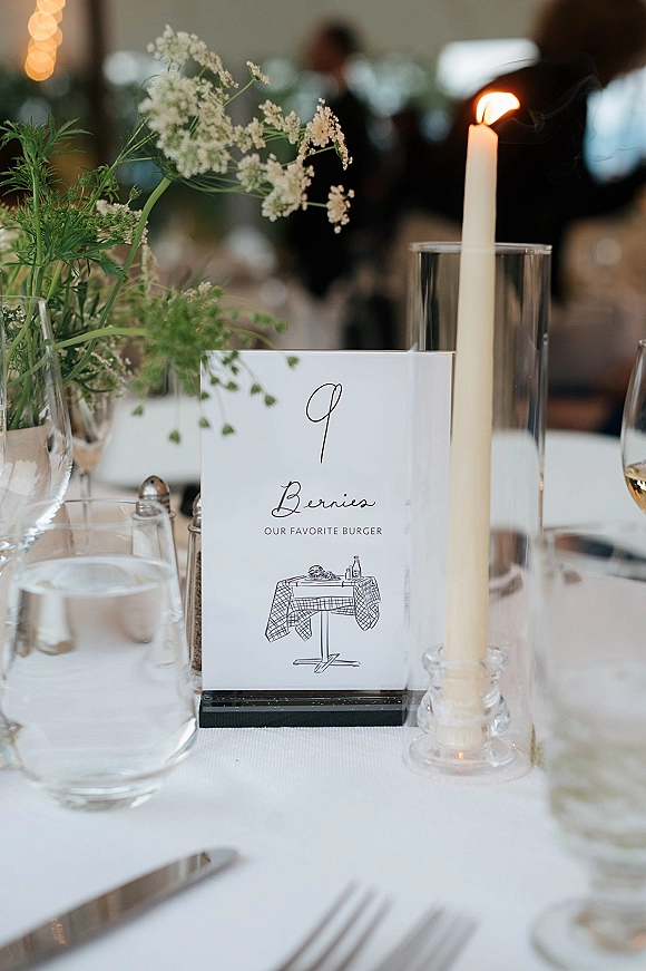 Wedding table number card beside a menu card, taper candle in glass hurricane, and white flowers on a reception table with guests behind