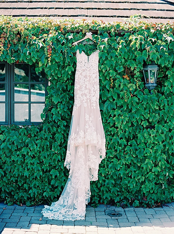 Wedding dress with lace wedding dress appliqué and tulle skirt hanging on a ribbon bow hanger against an ivy wall by a window