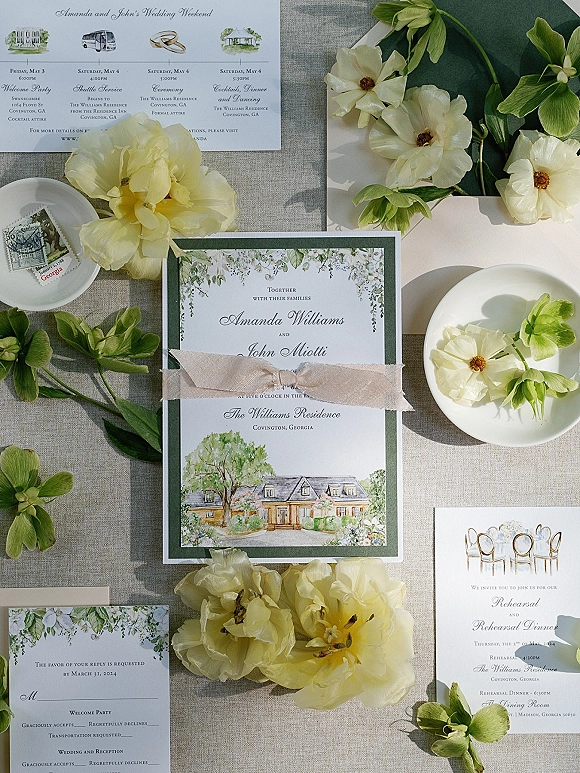 Wedding invitation suite with botanical wedding invitations, silk ribbon and wax seal, venue illustration and RSVP cards on linen surface