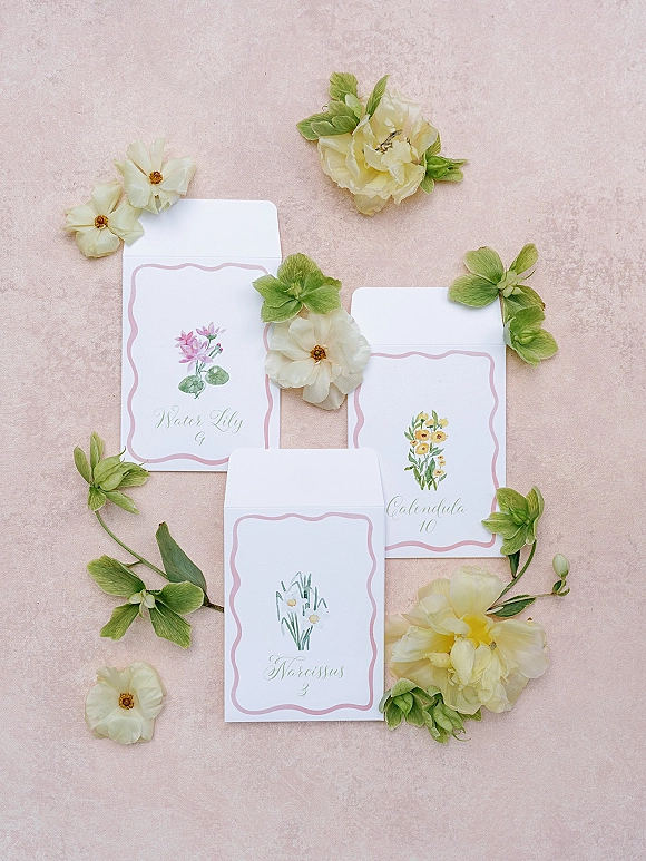 Wedding invitation suite with floral wedding invitations, envelopes and illustrated cards with blush borders on a pink textured surface