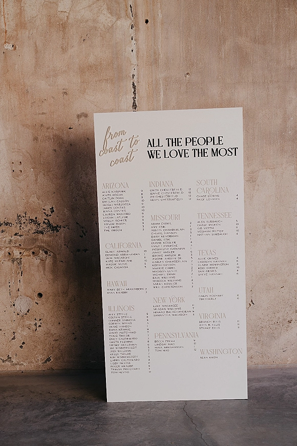 Wedding seating chart sign with gold calligraphy lettering and black typography on a poster leaning against a concrete wall and floor