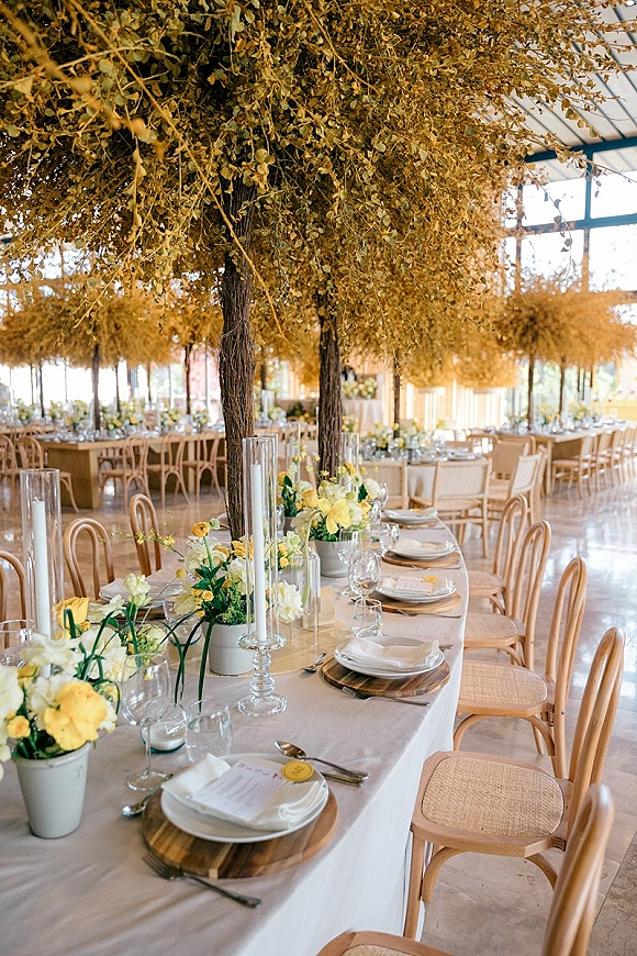 Reception tablescape with a wedding table setting, white tablecloth, yellow-white florals and tall cylinder vases in a glass-walled hall with hanging greenery