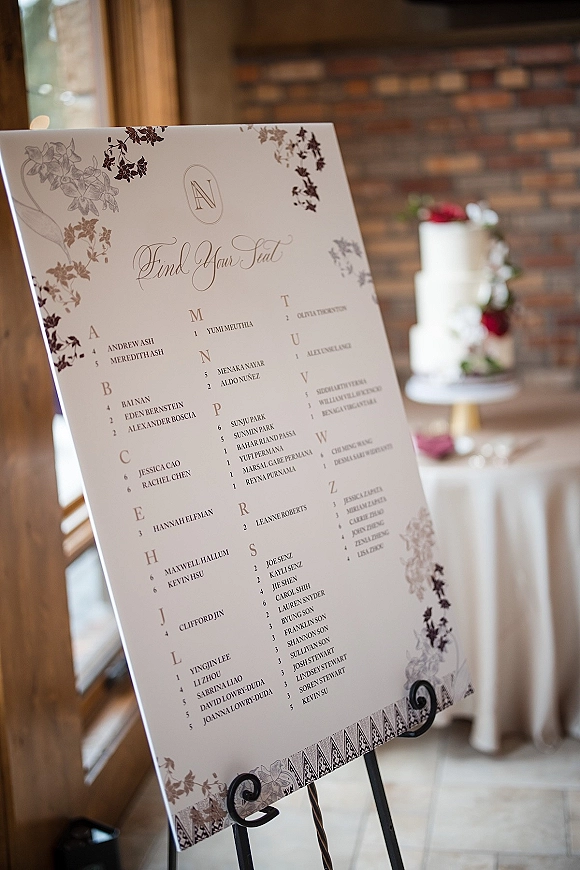 Wedding seating chart alphabetical board with calligraphy lettering and floral border on an easel beside a flowered cake, brick wall backdrop