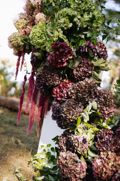 Wedding floral arch with hydrangea wedding arch blooms, trailing amaranthus and greenery on a white geometric frame on an outdoor lawn