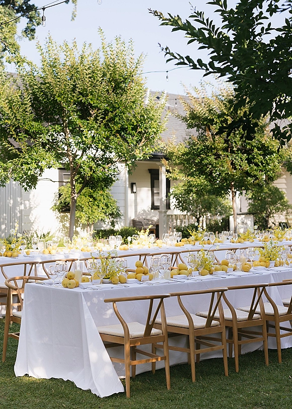 Reception tablescape with white linens, wooden chairs, wine glasses, place cards, lemons and yellow buds under string lights on a garden lawn