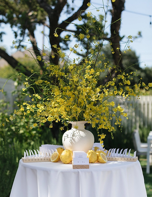 Wedding escort card table with escort card display, white vase of yellow flowers and lemons on a linen table beneath string lights on a lawn