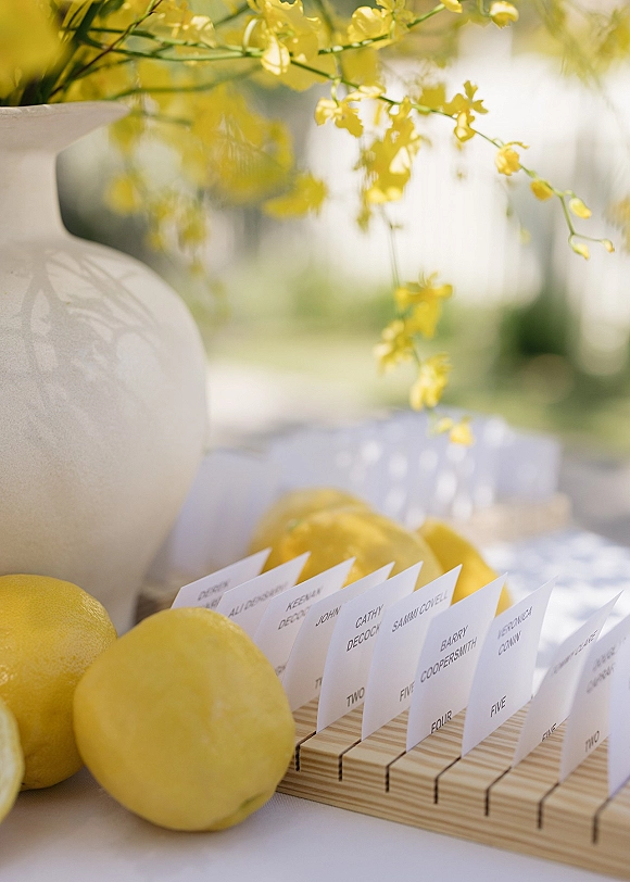 Escort card display with wedding escort cards in a wooden holder, styled with lemons and a ceramic vase of yellow flowers outdoors in soft daylight