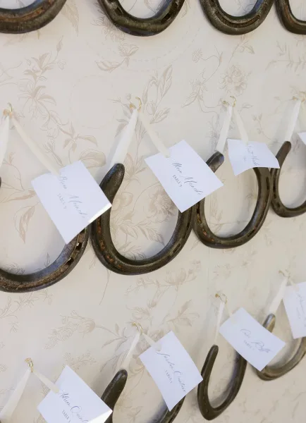 Escort card display with wedding seating chart cards hanging from gold hooks and white ribbon on a light patterned wall with horseshoes accent