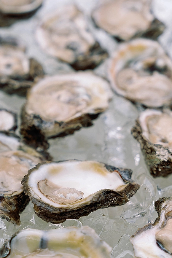 Oyster bar wedding raw bar with shucked oysters on crushed ice, shells nestled in a serving tray for cocktail hour catering details
