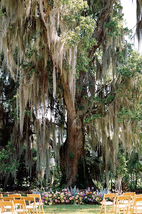 Outdoor ceremony setup with garden wedding ceremony seating, wood folding chairs lining a floral meadow aisle beneath an oak tree with Spanish moss