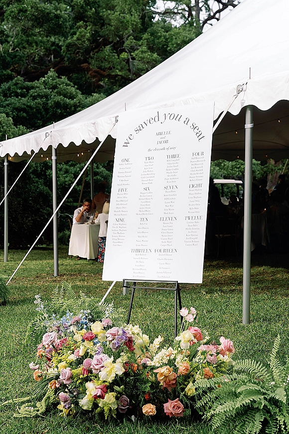 Wedding seating chart alphabetical seating chart sign on an easel with pastel flowers and greenery under a tent with string lights on a lawn