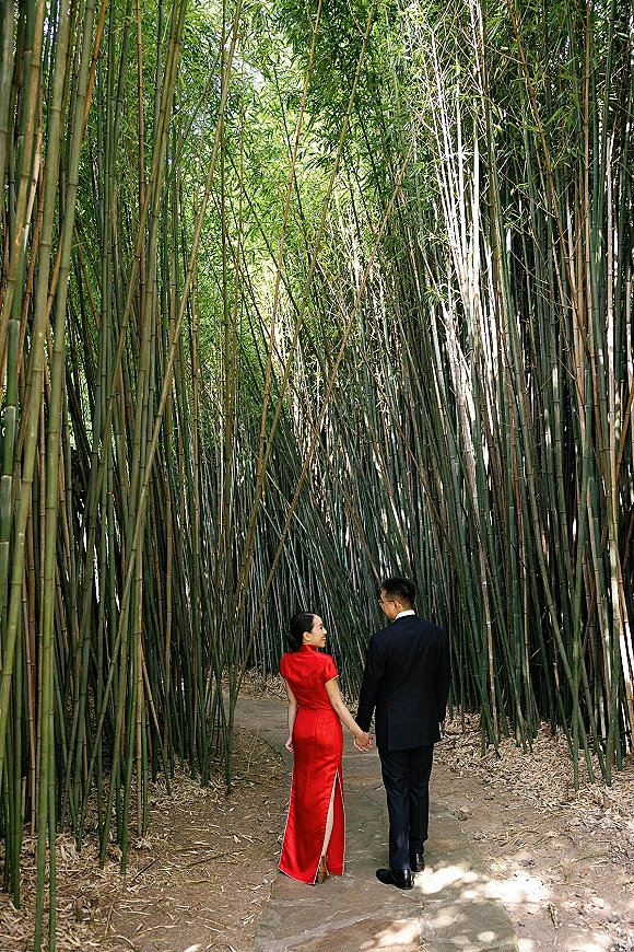 Couple portrait of partners holding hands walking away on a sunlit bamboo forest path, her red dress flowing beside his suit and eyeglasses