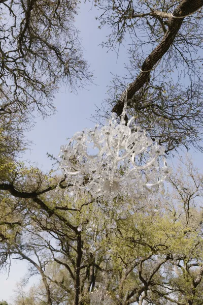 Wedding chandelier casting soft outdoor wedding lighting, its crystal prisms shimmering as it hangs from tree branches against a blue sky.