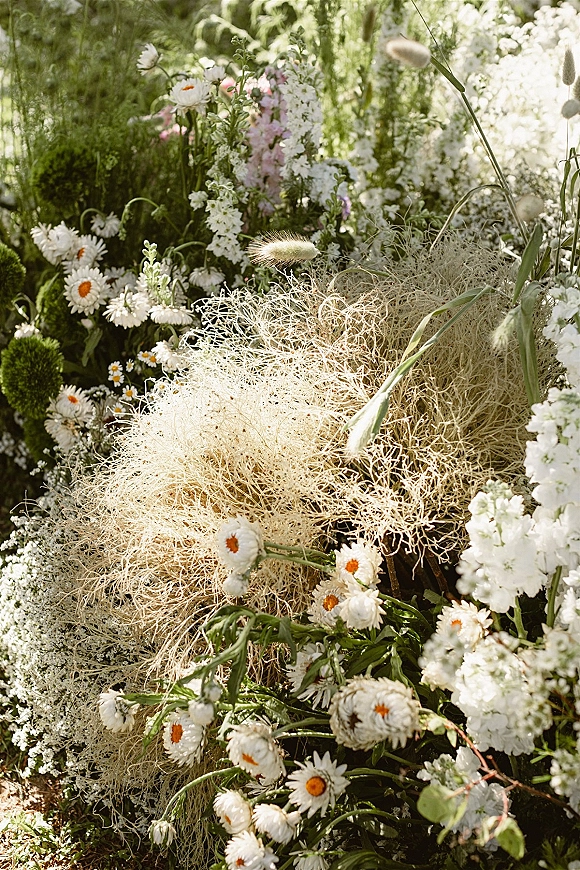 Wedding floral arrangement with garden style wedding florals, daisies, pink and white blooms, moss and greenery in sunlit garden foliage