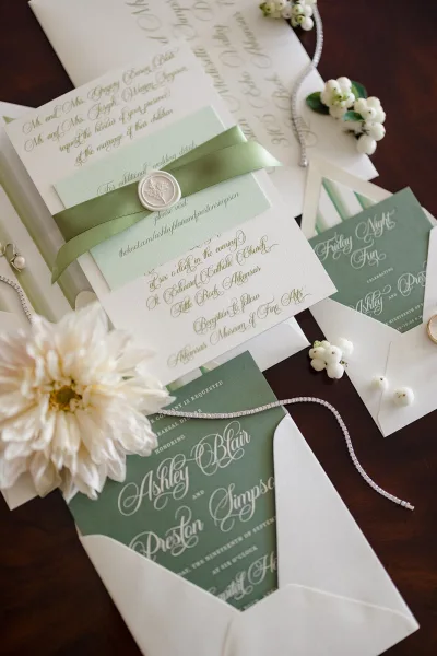 Invitation suite with wedding invitation suite cards tied in sage satin ribbon and wax seal, styled with envelopes on a dark wood tabletop