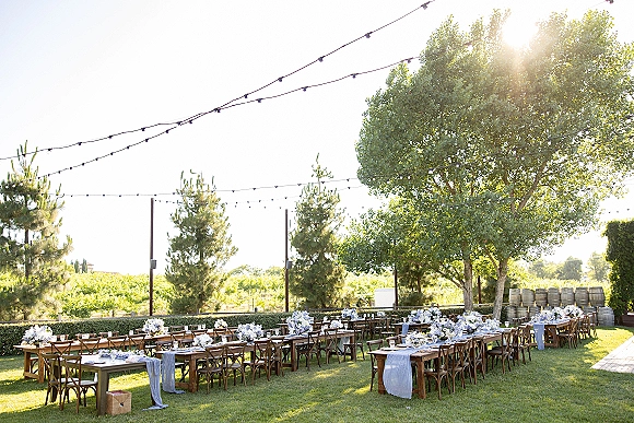 Outdoor reception setup with farm tables, wooden cross back chairs, blue and white floral centerpieces, and string lights in a vineyard lawn setting