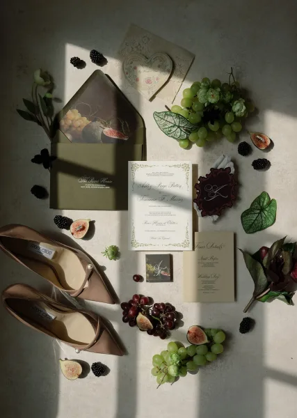 Wedding invitation suite in an invitation flat lay styled with grapes on a sunlit stone surface and elegant script details.