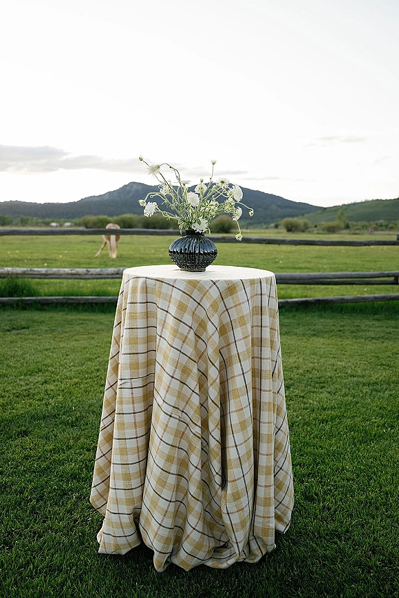 Cocktail table decor with plaid tablecloth and black ribbed vase of white wildflowers on a lawn with split rail fence and mountains behind