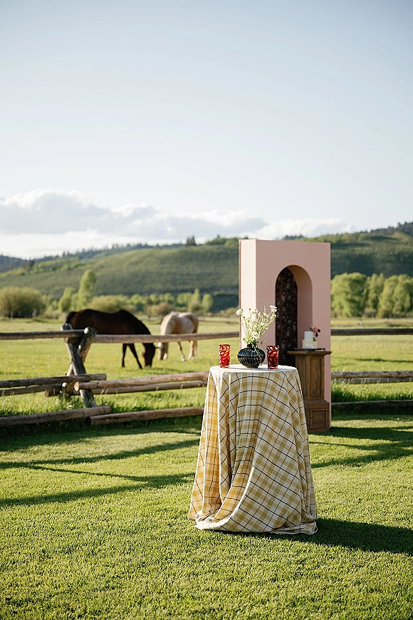 Cocktail table decor with a plaid tablecloth wedding setup, white flower vase and glass tumblers beside a rustic bar in a grassy field