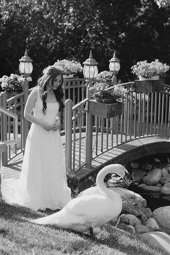 Bridal portrait of a bride in a wedding dress looking down by a pond, with a swan near a garden bridge and lanterns nearby