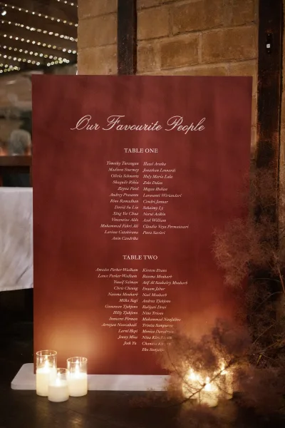Wedding seating chart serving as a reception seating display, styled with candles against a brick wall glowing with string lights.