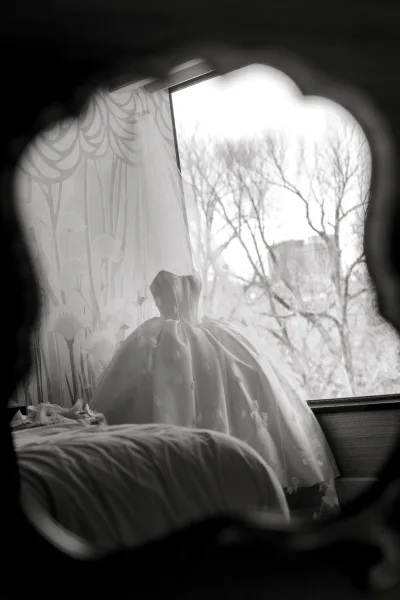Wedding dress hanging by a window, strapless gown with tulle overskirt and floral appliqués, city buildings and bare trees outside