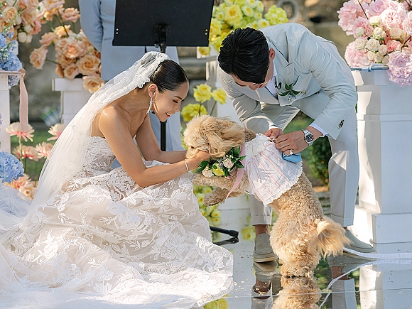 Wedding ceremony moment as bride in lace gown and groom in grey suit pet their dog in floral collar on a garden stage with pedestals