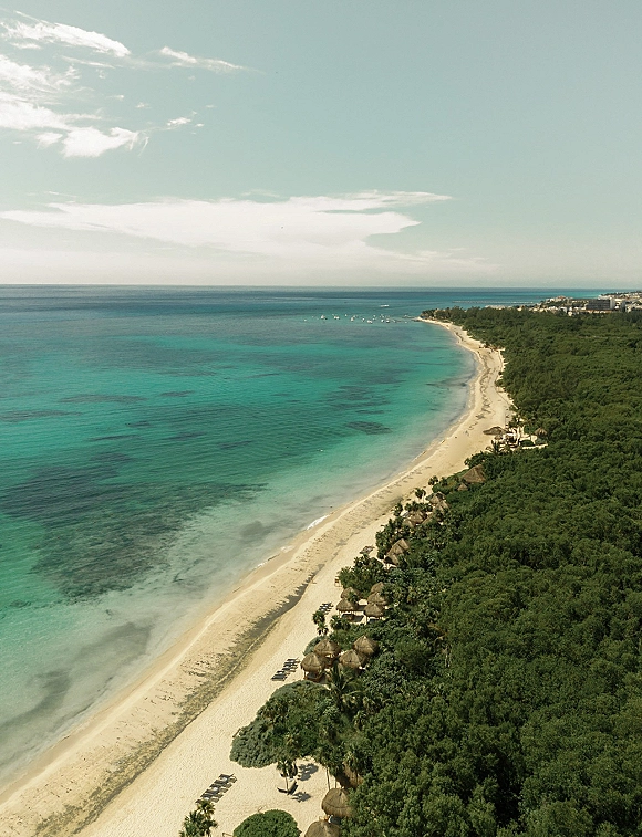 Beach coastline and aerial beach view showing turquoise ocean meeting white sand, with palm trees and coastal forest along a curving shoreline