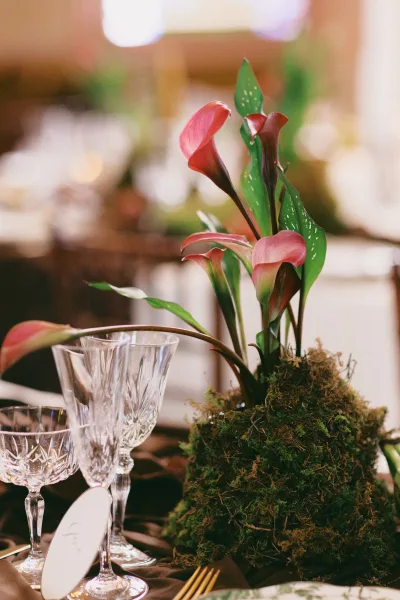Reception tablescape with wedding centerpiece with calla lilies in a moss centerpiece, crystal goblets and gold flatware in a bokeh-lit room