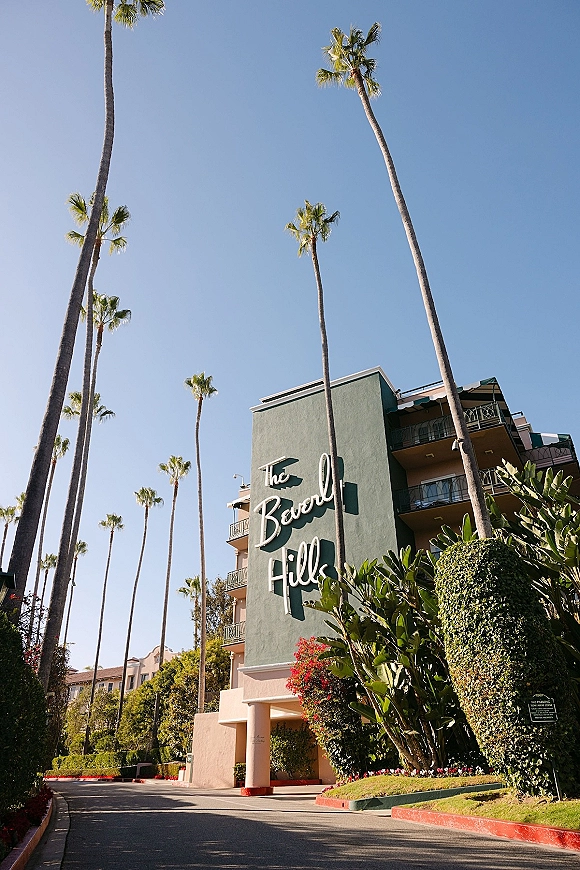Hotel exterior with hotel entrance driveway lined by tall palm trees, balconies, and flowering hedges under a clear blue sky